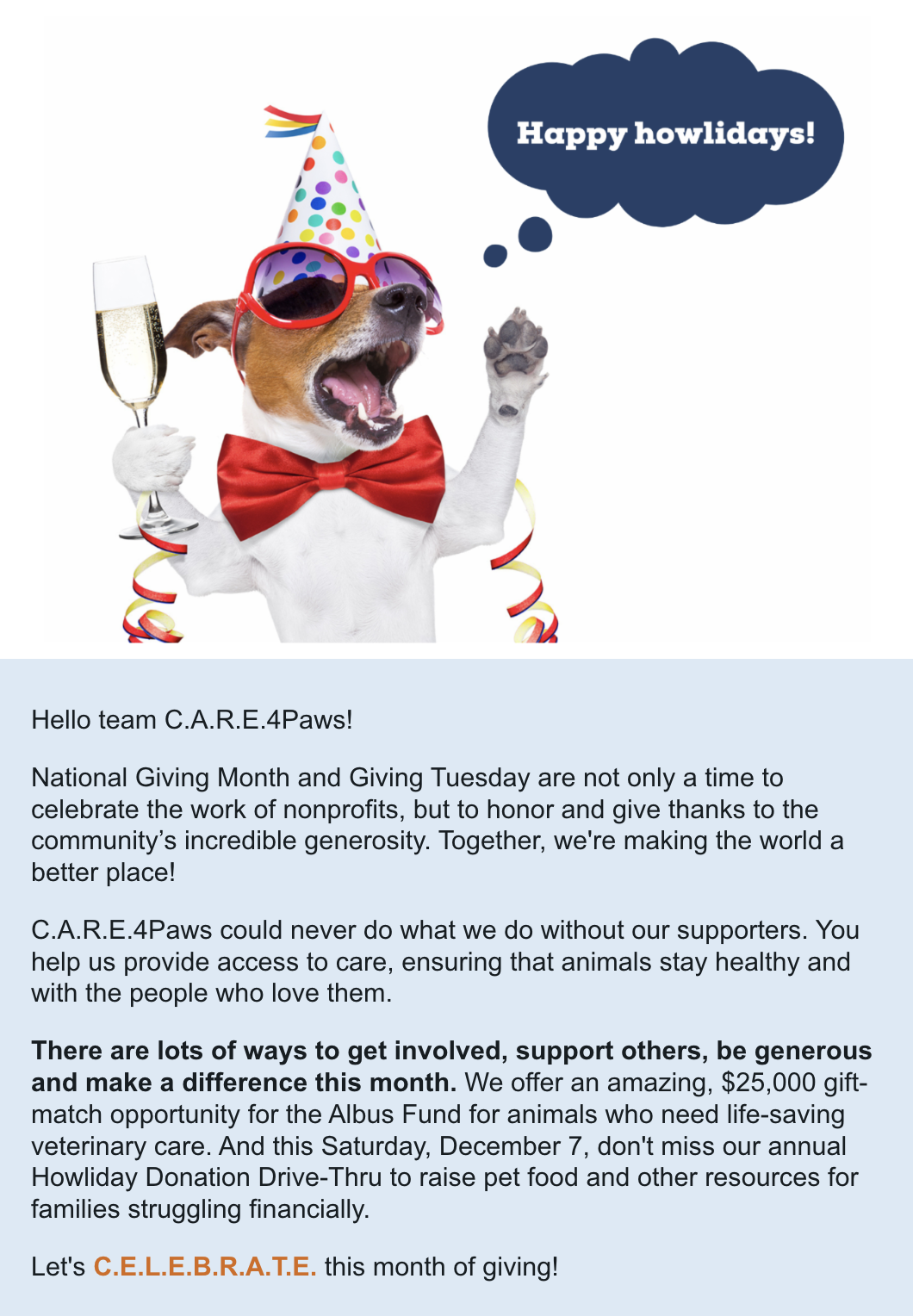 Clickable image of dog celebrating the new year that leads to the December 2024 newsletter